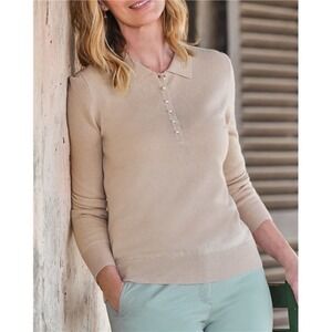 Woolovers Cashmere Merino Knitted Polo Sweater Sz XL Pearl Buttons Preppy Luxe